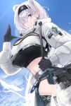  1girl animal_ears arknights aurora_(arknights) blue_eyes blue_sky gloves hair_between_eyes hair_ornament hairband hairclip highres jacket kanta_(kanta_077) long_hair looking_at_viewer midriff sky smile snow solo white_hair zipper 