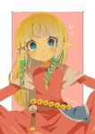 1girl blonde_hair closed_mouth dress hair_ribbon highres interlocked_fingers long_hair long_sleeves looking_at_viewer own_hands_together pink_dress pointy_ears princess_zelda ribbon smile solo the_legend_of_zelda the_legend_of_zelda:_skyward_sword tokuura tress_ribbon upper_body white_background 