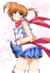  absurdres bare_shoulders blush boots bow breasts brown_hair clothes_lift commission eyebrows_hidden_by_hair from_behind gloves grin hair_ribbon highres looking_at_viewer lyrical_nanoha mahou_shoujo_lyrical_nanoha oshimaru026 pixiv_commission purple_eyes red_bow ribbon scarf short_hair short_twintails skirt skirt_lift sleeveless small_breasts smile smug star_(symbol) takamachi_nanoha twintails white_gloves white_ribbon 