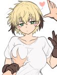  1girl blonde_hair breast_hold breasts ebora fate/grand_order fate_(series) gareth_(fate) green_eyes hair_flaps highres large_breasts looking_at_viewer shirt short_hair white_background white_shirt 