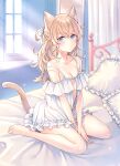  1girl animal_ears barefoot bed between_legs blonde_hair blue_eyes blush bow breasts cat_ears cat_tail chemise cleavage collarbone e_(eokiba) hair_bow hand_between_legs highres long_hair messy_hair o3o on_bed original pillow sitting small_breasts solo spaghetti_strap strap_slip tail wariza white_bow window 