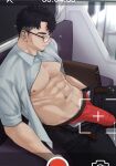  1boy abs bara bare_pectorals breath bulge chest_hair collared_shirt erection erection_under_clothes facial_hair feet_out_of_frame glasses goatee goburin_second highres large_pectorals long_sideburns male_focus male_underwear mature_male muscular muscular_male navel navel_hair nipples open_clothes open_pants open_shirt original paid_reward_available pants pectorals red_male_underwear shirt short_hair sideburns sitting sleeping sleeves_rolled_up solo striped striped_pants thick_eyebrows train_interior undercut underwear 