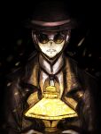  1boy black_bow black_coat bomb bow coat collared_shirt el_filibusterismo explosive facial_hair fire glasses highres lamp philippines round_eyewear shirt short_hair solo solo_focus yyiek? 