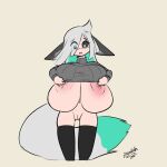  animal_humanoid areola big_breasts big_tail black_sclera blush blush_lines breast_expansion breasts canid canid_humanoid canine canine_humanoid clothing expansion female fox_humanoid fuyumi_(zedrin) genitals green_eyes green_hair grey_hair hair huge_breasts humanoid hyper hyper_breasts looking_down mammal mammal_humanoid multicolored_hair navel nipples open_mouth pussy shirt signature simple_background solo standing tail text thick_thighs topwear wide_hips zedrin 
