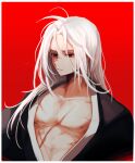  1boy bare_pectorals border closed_mouth highres hwaryeok male_focus medium_hair open_clothes open_shirt original pectorals red_background red_eyes scar scar_on_breasts simple_background solo upper_body white_background white_border white_hair 