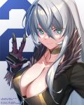  1girl breasts choker cleavage copyright_request fur_trim gloves green_eyes grey_hair highres large_breasts long_hair looking_at_viewer smile solo takamine_nadare upper_body v 