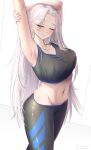  1girl absurdres arm_up armpits azur_lane black_sports_bra blue_eyes blush breasts cleavage half-closed_eyes highres large_breasts long_hair navel one_eye_closed pants parted_bangs skindentation smile solo sports_bra sportswear stomach stretching very_long_hair white_background white_hair yoga_pants yorktown_(azur_lane) yunareas 