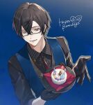  1boy :d black_gloves black_hair black_shirt blue_background blue_vest brooch cake collar_chain_(jewelry) collared_shirt cropped_torso crossed_bangs dated food glasses gloves hair_between_eyes half_gloves happy_birthday highres holding holding_plate jewelry looking_at_viewer male_focus namakawa necktie nijisanji o-ring plate purple_eyes red_necktie second-party_source shikinagi_akira shirt short_hair simple_background sleeve_garter sleeves_rolled_up smile solo upper_body vest virtual_youtuber 