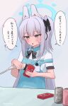  1girl :&lt; alcohol animal_ears apron barcode_scanner beer beer_can black_bow blue_apron blue_archive blush bow buying_condoms can commentary_request earosoligt fake_animal_ears grey_eyes grey_hair hair_bow halo headset heart highres long_hair miyako_(blue_archive) miyako_(lawson)_(blue_archive) narrowed_eyes official_alternate_costume okamoto_condoms one_side_up open_mouth partial_commentary rabbit_ears shirt solo speech_bubble translation_request triangle_mouth twitter_username upper_body very_long_hair white_shirt 
