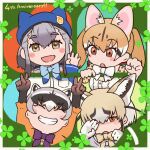  4girls absurdres animal_ears anniversary blue_headwear bow bowtie brown_eyes brown_hair cardigan clover crab-eating_raccoon_(kemono_friends) extra_ears four-leaf_clover gloves grey_eyes grey_hair highres hikari_(kemono_friends) kemono_friends kemono_friends_3 large-spotted_genet_(kemono_friends) multiple_girls rueppell&#039;s_fox_(kemono_friends) shirt smile toriny twintails v 