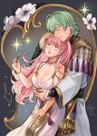  1boy 1girl absurdres alternate_costume artist_name breasts byleth_(fire_emblem) byleth_(male)_(fire_emblem) cleavage dress earrings enlightened_byleth_(male) fire_emblem fire_emblem:_three_houses green_hair highres hilda_valentine_goneril hoop_earrings hug hug_from_behind jewelry large_breasts light_blush lipstick long_hair looking_at_another makeup official_alternate_costume parted_lips pink_eyes pink_hair ring smile tamafry twintails white_dress 