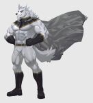  1boy absurdres animal_ears bara black_cape bodysuit bulge cape covered_abs covered_navel fang fang_out from_side full_body furry furry_male hands_on_own_hips highres huge_eyebrows large_pectorals looking_ahead male_focus mature_male muscular muscular_male neumo original pectorals short_hair smile solo standing strongman_waist superhero thick_eyebrows thick_thighs thighs white_bodysuit white_fur wolf_boy wolf_ears 