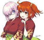  2girls :d ahoge blush breasts closed_mouth commentary_request eye_contact fate/grand_order fate_(series) flame_print fujimaru_ritsuka_(female) glasses hair_ornament hair_over_one_eye hair_scrunchie hands_on_another&#039;s_shoulders japanese_clothes kimono large_breasts light_purple_hair looking_at_another mash_kyrielight multiple_girls muutsuki one_side_up open_mouth orange_eyes orange_hair purple_eyes red_kimono scrunchie semi-rimless_eyewear short_hair short_sleeves simple_background smile twitter_username under-rim_eyewear upper_body wavy_mouth white_background yuri 