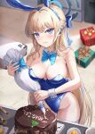  1girl animal_ears bare_shoulders blonde_hair blue_archive blue_eyes blue_leotard blush bnari bow bowl bowtie box braid breasts cake chocolate_cake cleavage detached_collar earpiece egg_(food) fake_animal_ears food french_braid gift gift_box halo highleg highleg_leotard highres leotard long_hair looking_at_viewer medium_breasts pastry_bag playboy_bunny rabbit_ears solo spoon thighs toki_(blue_archive) toki_(bunny)_(blue_archive) wrist_cuffs 