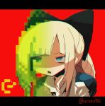  1girl :o black_bow blonde_hair blue_eyes bow hair_bow highres huge_bow kuruton486 leaning_forward letterboxed luca_(kuruton486) open_mouth original parted_bangs pixelated red_background shirt sick simple_background solo twitter_username white_shirt 