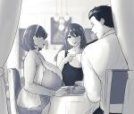 1boy 2girls absurdres black_hair breasts chair closed_mouth curtains erkaz food fork greyscale hairband highres huge_breasts indoors long_hair monochrome multiple_girls original plate rina&#039;s_mother_(erkaz) rina_atherina short_hair table 