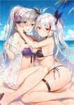  2girls :q ahoge ass azur_lane bare_shoulders barefoot beach bikini black_bikini black_choker black_hair black_ribbon blue_sky blush breasts brown_eyes choker cloud cloudy_sky collarbone day dunkerque_(azur_lane) dunkerque_(summer_sucre)_(azur_lane) flip-flops gradient_hair hair_between_eyes hair_ribbon hairband highres jacket long_hair looking_at_viewer medium_breasts multicolored_hair multiple_girls navel ocean off_shoulder official_alternate_costume open_mouth outdoors palm_tree ponytail prinz_eugen_(azur_lane) prinz_eugen_(unfading_smile)_(azur_lane) red_hair ribbon sandals see-through shiny_skin shore side-tie_bikini_bottom sideboob sitting sky smile stomach streaked_hair swimsuit thigh_strap thighs tongue tongue_out tree two_side_up underboob very_long_hair water yuuki_hagure 