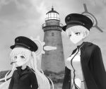 2girls blue_archive breasts cherino_(blue_archive) cosplay fake_facial_hair fake_mustache flat_chest greyscale halo hat highres large_breasts long_hair long_sleeves marina_(blue_archive) monochrome multiple_girls parody peaked_cap photo-referenced short_hair smoking_pipe tagme the_lighthouse thomas_howard thomas_howard_(cosplay) thomas_wake thomas_wake_(cosplay) ziz_(pandora707) 