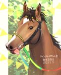  bridle dated happy_birthday highres horse jungle_pocket_(racehorse) looking_at_viewer nayuta_ggg no_humans outside_border real_life reins tongue tongue_out 