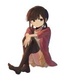  1girl aaniko asahina_hiyori black_eyes black_hair black_thighhighs blunt_bangs casual closed_mouth collarbone commentary crossed_legs expressionless full_body hand_on_own_knee jacket kagerou_project long_hair looking_at_viewer low_twintails miniskirt no_shoes open_clothes open_jacket pink_jacket pleated_skirt polka_dot polka_dot_shirt shirt simple_background sitting skirt sleeves_past_elbows solo thighhighs twintails white_background white_shirt yellow_skirt 
