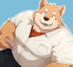  2023 anthro belly big_belly black_nose blue_background blush bottomwear brown_body canid canine canis clothing domestic_dog hi_res kemono male mammal noctnoc overweight overweight_male pants shirt simple_background solo topwear 
