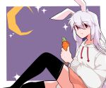 1girl alternate_costume animal_ears black_thighhighs border carrot chewing closed_mouth crescent_moon eating feet_out_of_frame food from_side hair_between_eyes holding holding_carrot holding_food holding_vegetable hood hood_down hoodie long_hair long_sleeves looking_at_viewer mindoll miniskirt moon one-hour_drawing_challenge pink_skirt purple_background purple_hair rabbit_ears red_eyes reisen_udongein_inaba skirt solo thighhighs touhou vegetable white_border white_hoodie 