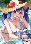  1girl :d bikini blue_hair breast_tattoo breasts cellphone choker commentary_request flower hat hat_flower hibiscus highres holding holding_phone indie_virtual_youtuber large_breasts multicolored_hair navel open_mouth phone purple_bikini purple_eyes red_flower shylily smartphone smile solo_focus squchan stomach sun_hat swimsuit tattoo thighs wading water white_hair 