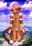  1girl :d animal_ears animal_print barefoot bikini blue_sky bob_cut body_fur breasts brown_fur clothes_lift cloud cloudy_sky commentary covered_nipples dark-skinned_female dark_skin day dress dress_lift earth_(planet) english_commentary facial_mark full_body fur-trimmed_anklet fur-trimmed_dress fur_cuffs fur_trim furry furry_female genzoman grass hands_up jewelry kneeling looking_at_viewer medium_breasts merle_(tenkuu_no_escaflowne) mixed-language_commentary mountain mountainous_horizon navel necklace on_ground open_mouth outdoors parted_bangs pendant pink_hair planet pointy_ears purple_eyes rock short_hair sitting sky small_breasts smile solo string_bikini striped swimsuit tail teeth tenkuu_no_escaflowne thighs underboob upper_teeth_only wariza whisker_markings white_bikini yellow_dress 