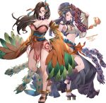  2girls artist_name ayacho bare_shoulders breasts brown_eyes brown_hair cleavage commentary_request commission detached_sleeves feathers fire_emblem fire_emblem_fates fire_emblem_heroes full_body geta hair_ornament hair_over_one_eye hand_fan hand_on_own_hip highres holding japanese_clothes jewelry kagero_(fire_emblem) kagero_(winds_offered)_(fire_emblem) kimono large_breasts long_hair looking_at_viewer midriff multiple_girls necklace official_alternate_costume orochi_(fire_emblem) orochi_(winds_offered)_(fire_emblem) parted_lips pelvic_curtain purple_eyes purple_hair sandals signature simple_background sleeveless smile toes white_background wide_sleeves 