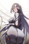  1girl ass blush bodysuit breasts commission from_below highres indoors large_breasts long_hair original solo twin_(tt_lsh) 