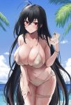  1girl ahoge azur_lane beach bikini black_hair blue_sky breasts cellphone closed_mouth cloud day highres holding holding_phone large_breasts leaning_forward long_hair navel ocean outdoors phone red_eyes sky smartphone solo stomach swimsuit taihou_(azur_lane) taihou_(seaside_daydreams)_(azur_lane) thigh_strap very_long_hair wet white_bikini yorugami_rei 