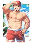  1boy :d abs armpit_hair armpits bara blush brown_hair bulge cropped_legs facial_hair goatee hat highres large_pectorals long_sideburns looking_at_viewer male_focus male_swimwear multicolored_hair muscular muscular_male nipples pectorals pointy_ears red_male_swimwear santa_hat short_hair sideburns smile snowflakes solo sparkling_eyes stomach swim_trunks tepen_(tptptpn) tokyo_afterschool_summoners tomte_(housamo) topless_male two-tone_hair wet_male_swimwear white_hair 