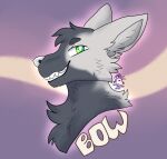  2021 anthro artist_logo artist_name bow_(bowhuskers) canid canine canis english_text fur green_eyes grey_body grey_fur grin headshot_portrait hi_res izzyhime logo male mammal portrait simple_background smile solo teeth text wolf 