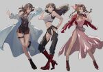  3girls aerith_gainsborough alternate_costume arm_behind_back bare_shoulders black_bra black_dress black_gloves black_panties blue_jacket boots bra braid braided_ponytail breasts brown_eyes brown_footwear chaps cleavage crop_top crossover curly_hair dangle_earrings dress earrings final_fantasy final_fantasy_vii final_fantasy_vii_remake final_fantasy_viii full_body gloves green_eyes grey_background hair_between_eyes hair_ribbon half_gloves halter_dress halterneck hand_in_own_hair hand_on_own_hip jacket jacket_on_shoulders jewelry long_dress long_hair long_jacket long_sleeves looking_at_viewer medium_breasts midriff multiple_girls navel one_eye_closed panties parted_bangs pink_dress pink_ribbon red_footwear red_jacket ribbon rinoa_heartilly shio_ga shirt short_dress side_slit sidelocks single_braid sleeveless sleeveless_shirt sports_bra thigh_strap tifa_lockhart underwear white_shirt 