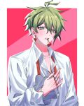  1boy alternate_costume amami_rantaro antenna_hair blush border collarbone collared_shirt danganronpa_(series) danganronpa_v3:_killing_harmony ear_piercing earrings green_eyes green_hair hair_between_eyes hand_up heart heart_earrings highres holding holding_jewelry holding_necklace jewelry male_focus mouth_hold neck_ribbon necklace piercing pink_background red_background ribbon ring ru_nru_n_(kei05972312) shirt solo undone_neck_ribbon upper_body white_border white_shirt 