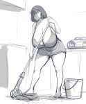  1girl absurdres bare_legs barefoot boombox breasts bucket closed_mouth erkaz greyscale highres holding holding_mop huge_breasts indoors monochrome mop original rina_atherina short_hair sketch solo 