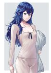  1girl alternate_costume ameno_(a_meno0) blue_eyes blue_hair blush collarbone fire_emblem fire_emblem_awakening grey_pajamas hair_between_eyes holding holding_pillow lips long_hair long_sleeves looking_at_viewer lucina_(fire_emblem) pajamas parted_lips pillow pink_lips solo 