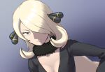  1girl blonde_hair breasts cleavage collarbone commentary_request cynthia_(pokemon) gradient_background grey_background grey_eyes hair_over_one_eye highres kaeru_boiler light_smile long_hair looking_at_viewer pokemon pokemon_(game) pokemon_dppt solo upper_body 