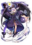  1girl absurdres ahoge ankle_cuffs ascot black_horns braid braided_bangs collar demon_girl demon_wings grey_hair highres hololive horns la+_darknesss la+_darknesss_(1st_costume) long_hair metal_collar multicolored_hair pointy_ears purple_hair purple_thighhighs single_thighhigh sleeves_past_fingers sleeves_past_wrists streaked_hair striped_horns thighhighs virtual_youtuber wings yatoifumi yellow_ascot yellow_eyes 