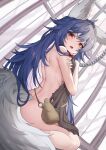  1girl absurdres animal_ears arched_back blue_hair chain commission covering covering_breasts dutch_angle from_behind highres holster josal legs long_hair looking_at_viewer looking_back looking_to_the_side median_furrow nude original red_eyes solo tail very_long_hair wolf_ears wolf_girl wolf_tail 