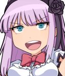  1girl :d black_flower black_hairband black_rose blue_eyes bow bowtie breasts buttons commentary_request dagashi_kashi flower frilled_shirt frills hairband hospital_king large_breasts long_hair looking_at_viewer medium_bangs open_mouth portrait purple_hair red_bow red_bowtie ringed_eyes rose round_teeth shidare_hotaru shirt sidelocks simple_background smile solo teeth upper_teeth_only v-shaped_eyebrows white_background white_shirt 