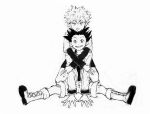  2boys arms_around_neck boots commentary gon_freecss greyscale grin highres hunter_x_hunter jacket kgeroua killua_zoldyck layered_sleeves long_sleeves looking_at_viewer male_focus monochrome multiple_boys short_hair short_over_long_sleeves short_sleeves shorts smile spiked_hair tongue tongue_out v-shaped_eyebrows 