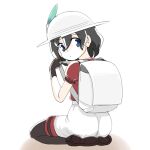  1girl ass backpack bag black_gloves black_hair black_pantyhose blue_eyes brown_footwear from_behind gloves good_ass_day hair_between_eyes hat_feather helmet kaban_(kemono_friends) kemono_friends loafers msl2go pantyhose pith_helmet puffy_short_sleeves puffy_sleeves red_shirt seiza shirt shoes short_hair short_sleeves shorts sidelocks sitting solo t-shirt white_shorts 