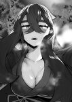  1girl absurdres breasts carmine_(pokemon) cleavage collarbone commentary_request crossed_bangs greyscale hair_between_eyes highres ichikwa01 japanese_clothes kimono large_breasts leaf long_hair looking_at_viewer mole mole_under_eye monochrome open_mouth pokemon pokemon_(game) pokemon_sv solo sweat teeth upper_teeth_only very_long_hair 
