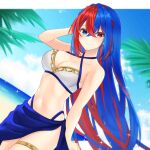  1girl alear_(female)_(fire_emblem) alear_(fire_emblem) bare_arms bare_shoulders beach bikini blue_eyes blue_hair blue_sky breasts cloud commentary_request day fire_emblem fire_emblem_engage hand_up highres large_breasts long_hair looking_at_viewer multicolored_hair navel nekoyasiki_luna red_eyes sarong sky smile solo stomach streaked_hair swimsuit thighlet very_long_hair white_bikini 