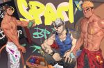  3boys :/ abs alca_(wakatanka4) animal_ears bara beard beenic black_hair blue_tank_top brick_wall clothes_around_waist dog_boy facial_hair from_behind graffiti gyee highres jacket jacket_around_waist knees_up large_pectorals lion_boy lion_ears lion_tail looking_at_viewer male_focus mature_male multiple_boys muscular muscular_male navel nipples original paint_can paint_on_body paint_on_clothes paint_splatter paint_splatter_on_face pants pectorals romg short_hair sitting smile spray_can spray_paint stomach tail tank_top thick_eyebrows topless_male track_pants undercut wall youchi123 