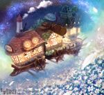  aircraft airship fantasy field flower flower_field flying_house garutaisa laundry no_humans original paddle_wheel scenery sky smoke star_(sky) starry_sky window 