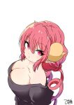  1girl bare_shoulders black_shirt breasts cleavage dragon_horns from_above gradient_hair horns ilulu_(maidragon) kobayashi-san_chi_no_maidragon large_breasts long_hair looking_at_viewer mitsuro_kimura multicolored_hair pink_hair pointy_ears red_eyes red_hair shirt simple_background solo twintails upper_body white_background 