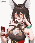  1girl :d animal_ears bespectacled bracelet breasts brown_dress brown_hair cellphone cleavage commentary commission dress fox_ears glasses highres holding holding_phone honkai:_star_rail honkai_(series) jewelry long_hair looking_at_viewer lufi_ays medium_breasts open_mouth phone sleeveless sleeveless_dress smartphone smile solo tingyun_(honkai:_star_rail) upper_body yellow_eyes 