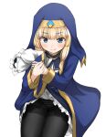  1girl black_pantyhose blonde_hair blue_eyes blue_robe cecily_(konosuba) closed_mouth eyebrows_hidden_by_hair headpiece kono_subarashii_sekai_ni_bakuen_wo! kono_subarashii_sekai_ni_shukufuku_wo! lifted_by_self long_hair long_sleeves looking_at_viewer panties panties_under_pantyhose pantyhose priestess robe robe_lift simple_background sitting smile solo tori_(minamopa) underwear white_background 